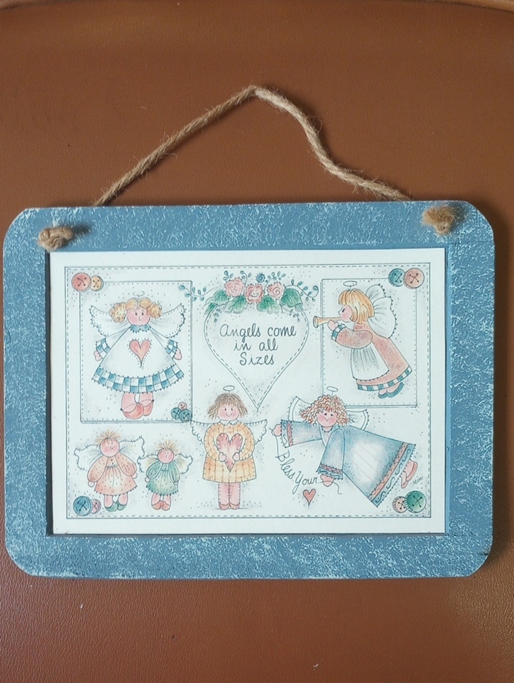 Decorative Angel Country Slate w/ Hearts & Flowers! Blue Cream Pink Green Yellow